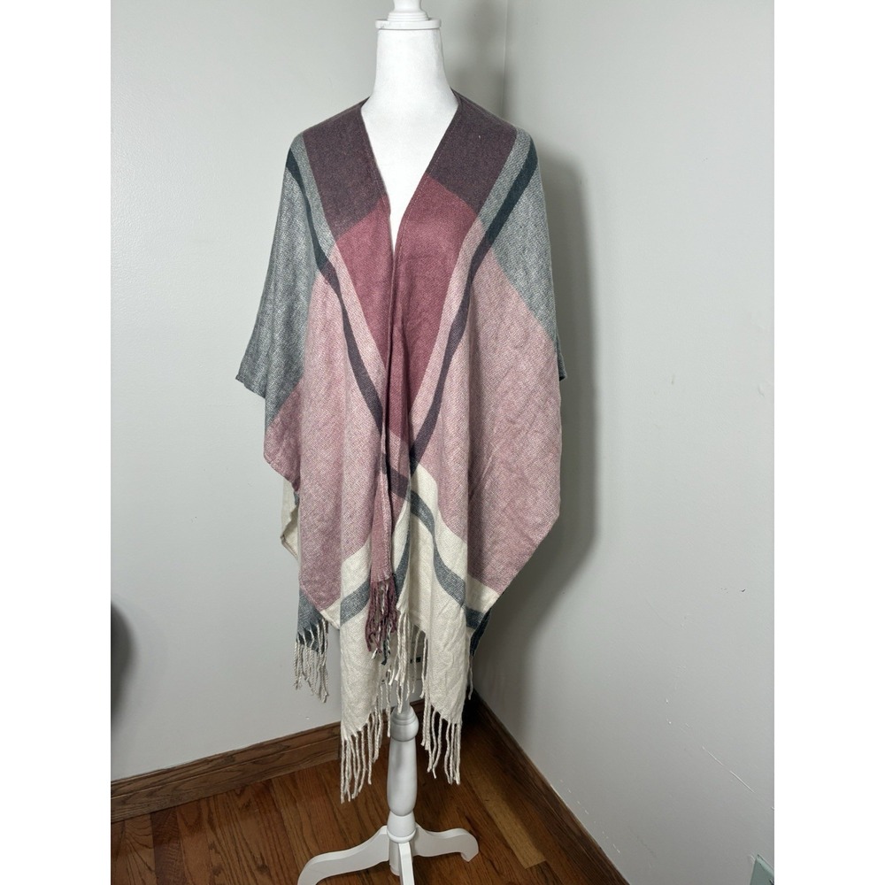 NEW! Three Dots CELINE Plaid Shawl Wrap With Tassles Fall
